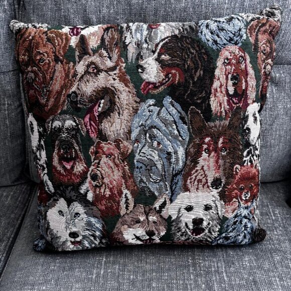 Vintage Dog Breed Tapestry Pillow - leather back 17" x 17" Zippered - Picture 1 of 3